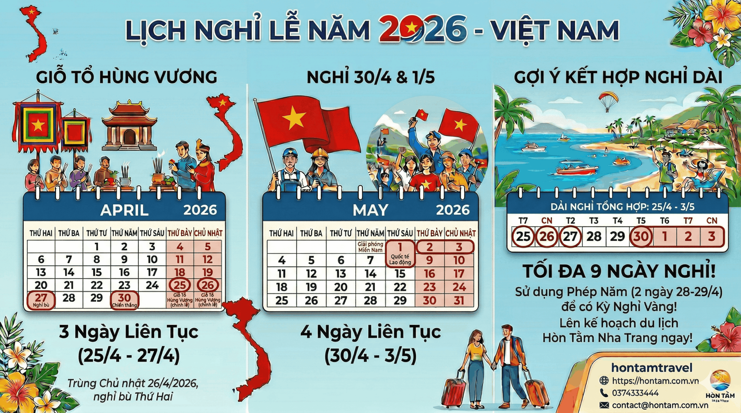 Lịch nghỉ Giỗ Tổ Hùng Vương và 30/4 – 1/5 năm 2026
